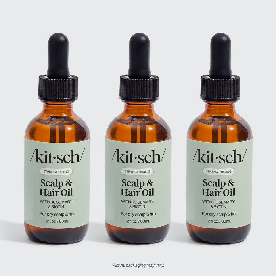 KITSCH Strengthening Rosemary & Biotin Scalp & Hair Oil 3-Pack — hero product shot — three 2fl oz./60mL bottles — 100% plant-based oil with rosemary extract and biotin — stock up and save