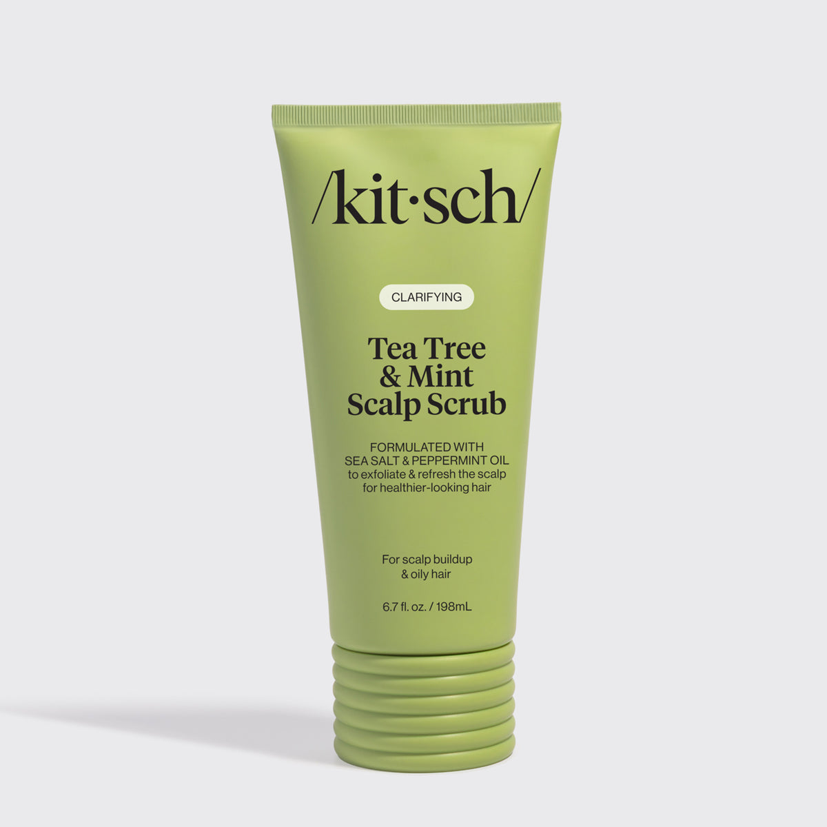 KITSCH Clarifying Tea Tree & Mint Scalp Scrub — green 6.7 fl oz tube shown on a plain grey background — Dual-action formula cleanses and exfoliates the scalp in one easy step — wash day