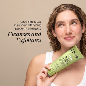 KITSCH Clarifying Tea Tree & Mint Scalp Scrub — model holding the tube beside the words Cleanses and Exfoliates — After use, 9 out of 10 testers agreed their scalp & hair felt healthier from root to tip — wash day