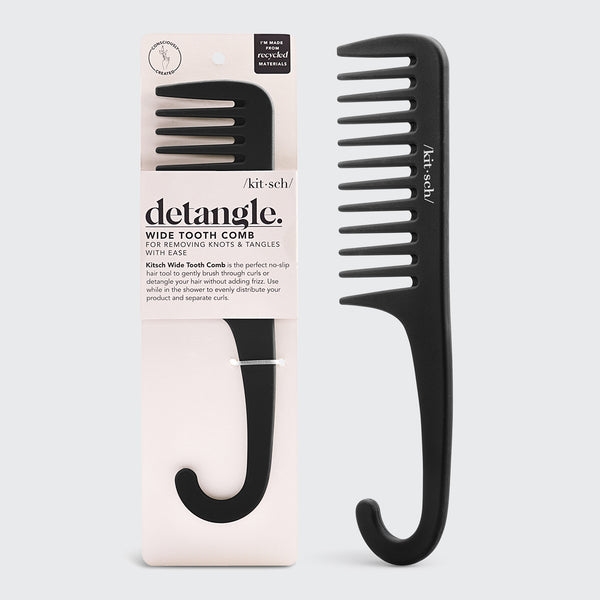KITSCH Detangle Wide Tooth Comb — black wide tooth comb shown beside its packaging card — glides through wet or dry hair to gently loosen knots and tangles with minimal pulling — wash-day detangling