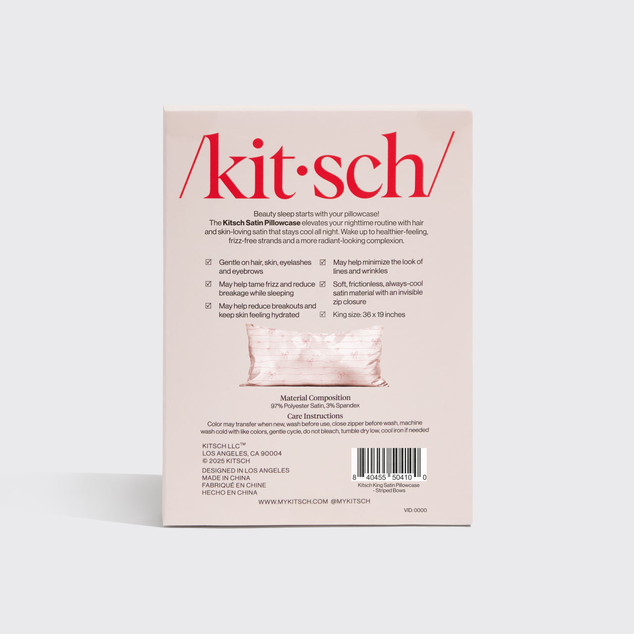 Satin Pillowcase in Striped Bows - King