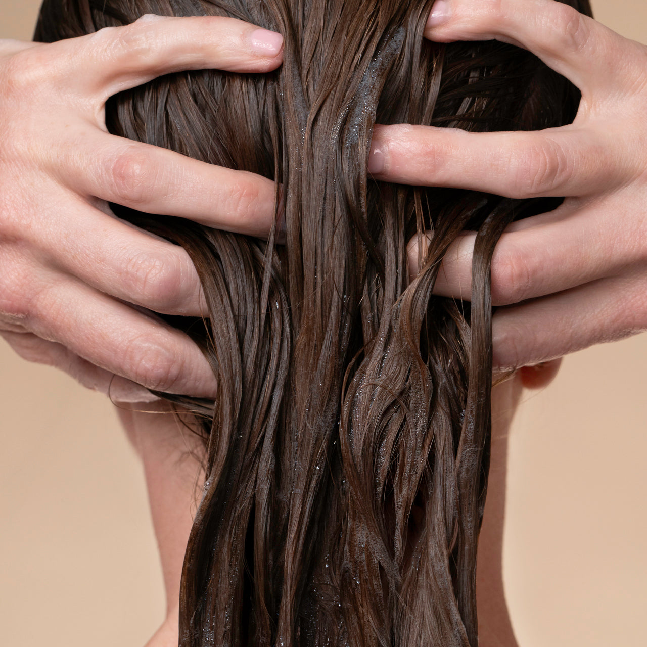 Close-up of hands running through wet hair after applying KITSCH Clarifying Tea Tree & Mint Conditioner
