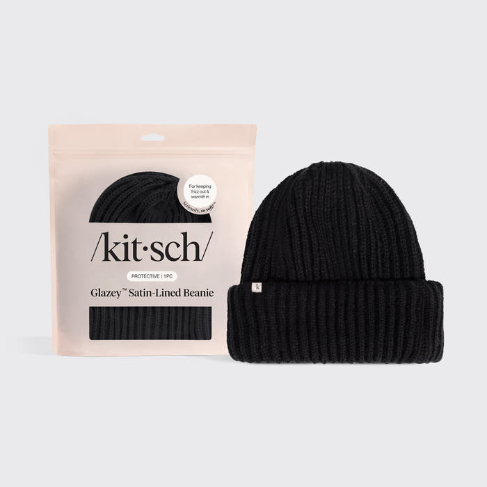 Kitsch Glazey™ Satin-Lined Beanie in Black with packaging on a white background