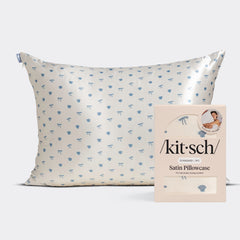 Satin-Kissenbezug in Pearlized Cream mit Coastal Blue Print