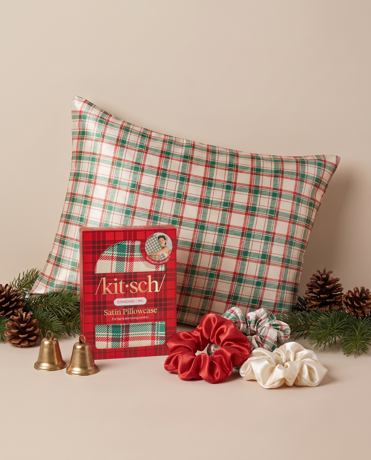 KITSCH Satin Pillowcase in Holiday — holiday collection group shot — helps reduce breakouts by absorbing less moisture and dirt — shown with matching Kitsch holiday satin scrunchies