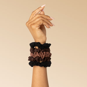 KITSCH Ruched Lace Scrunchies 5pc Set - Black, Chocolate & Mocha - scrunchie held in hand