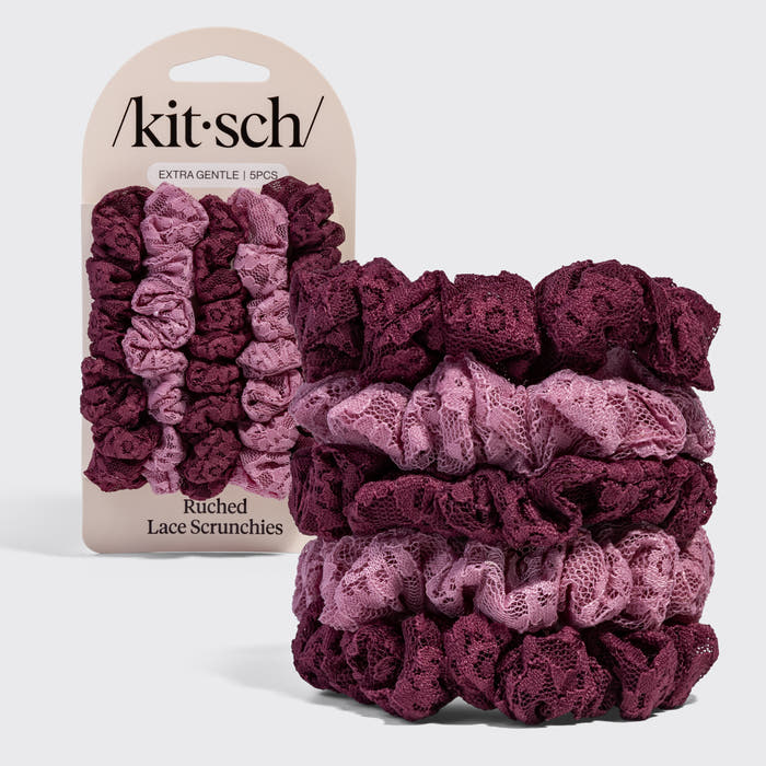 KITSCH Ruched Lace Scrunchies 5pc Set - Cherry Lacquer & Dusty Pink - hero product shot