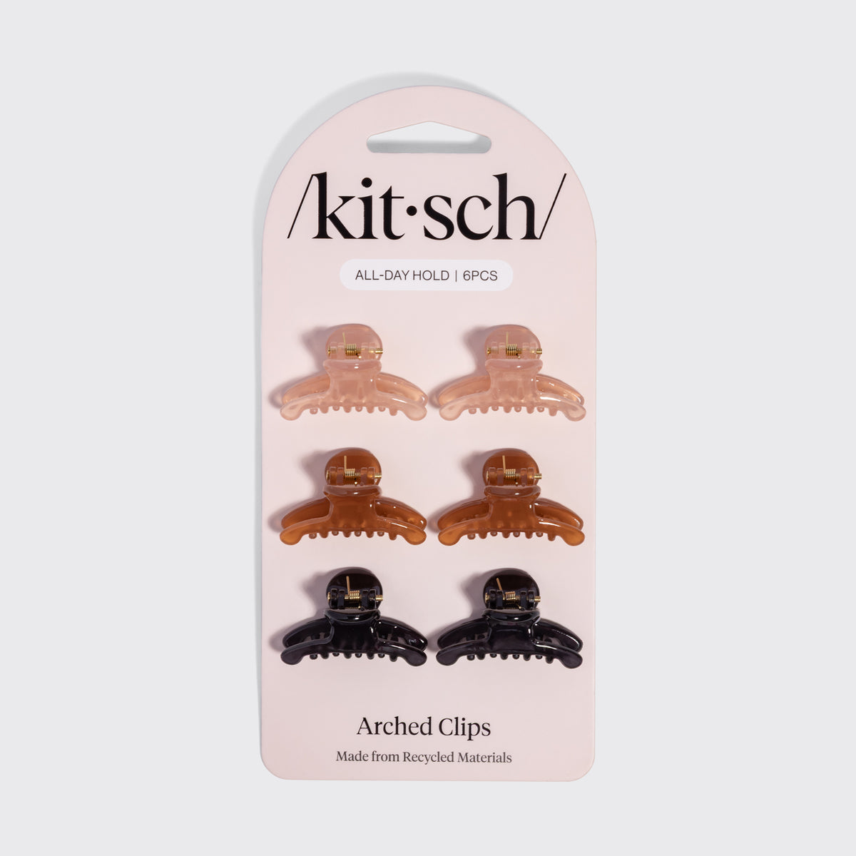 KITSCH Recycled Plastic Mini Arched Clips 6pc Set — product on front packaging, Soft Pink, Mocha & Black — Made from Recycled Materials — all-day hold