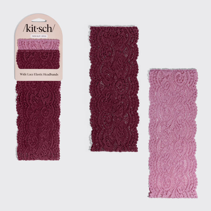 KITSCH Cherry Lacquer & Dusty Pink Wide Lace Headbands 2pc Set — both lace headbands shown with the packaging card — soft, stretchy lace keeps strands neatly in place whether you're dressing up or keeping it casual — everyday and evening styling