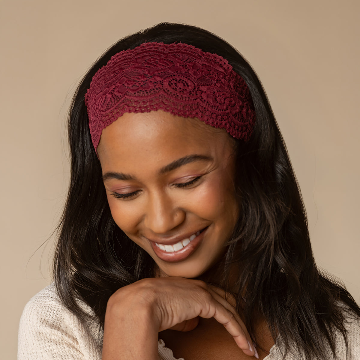KITSCH Cherry Lacquer & Dusty Pink Wide Lace Headbands 2pc Set — model wearing the cherry lacquer lace headband — flexible fit moves with you from day to night — day-to-night styling