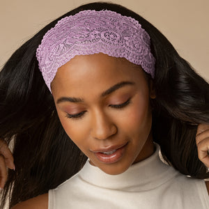 KITSCH Cherry Lacquer & Dusty Pink Wide Lace Headbands 2pc Set — close-up of the dusty pink lace headband at the hairline — no headaches, comfortable and lightweight for all-day wear — all-day wear