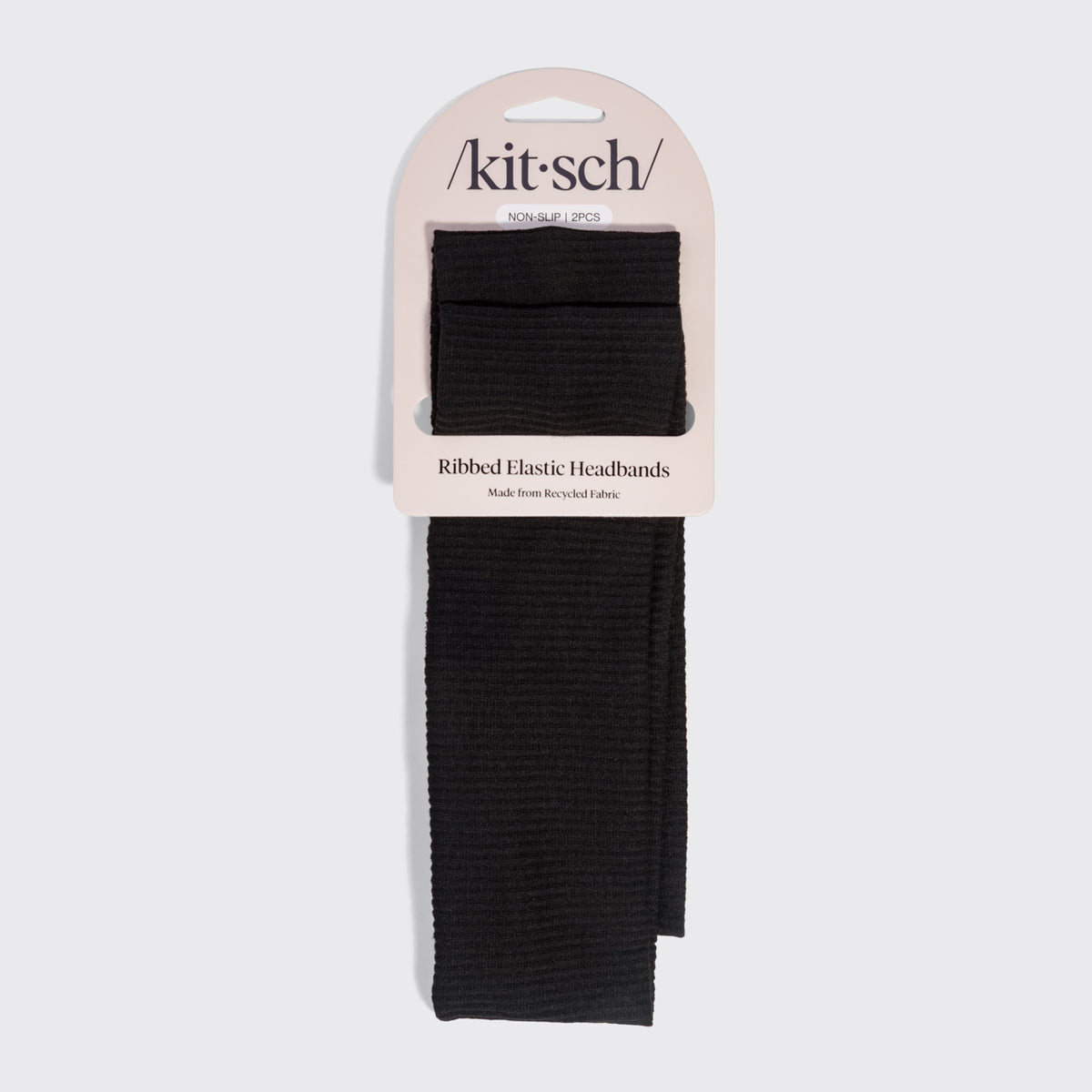KITSCH Recycled Fabric Ribbed Elastic Headbands 2pc Set — packaging shot of the Black headbands in Kitsch retail packaging — made from recyclable, sustainably sourced materials