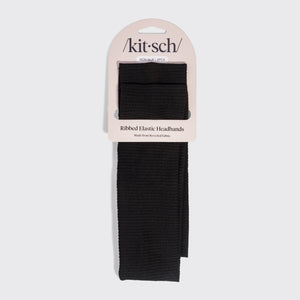 KITSCH Recycled Fabric Ribbed Elastic Headbands 2pc Set — packaging shot of the Black headbands in Kitsch retail packaging — made from recyclable, sustainably sourced materials