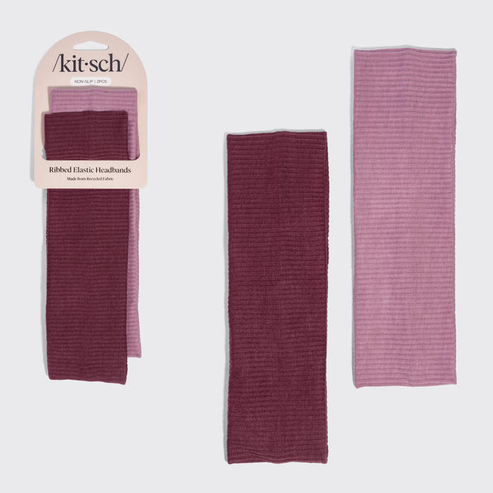 KITSCH Recycled Fabric Ribbed Elastic Headbands 2pc Set — hero product shot of the Cherry Lacquer & Dusty Pink ribbed headband duo — 95% recycled polyester, 5% spandex — soft, stretchy hair accessory for everyday wear