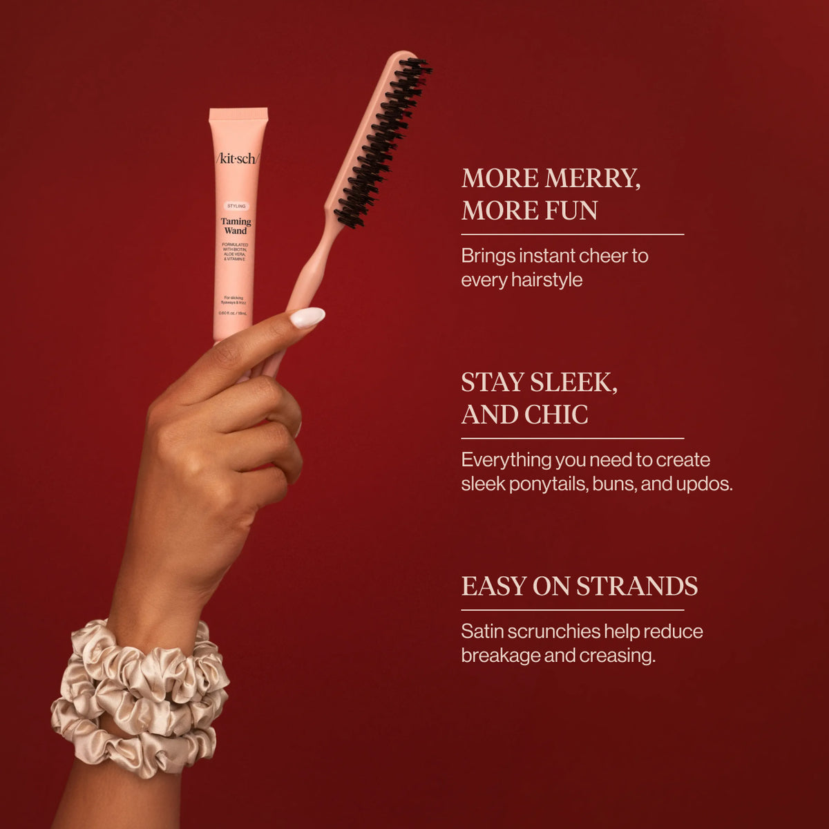 KITSCH Sleigh All Day 5pc Gift Set — infographic — brings instant cheer to every hairstyle — everything you need to create sleek ponytails, buns, and updos with satin scrunchies that help reduce breakage and creasing