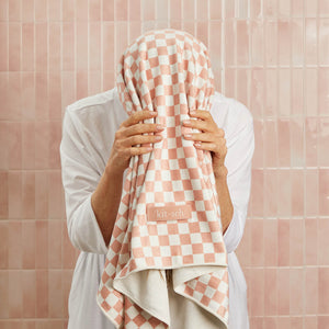 XL Quick-Dry Hair Towel Wrap - Terracotta Checker