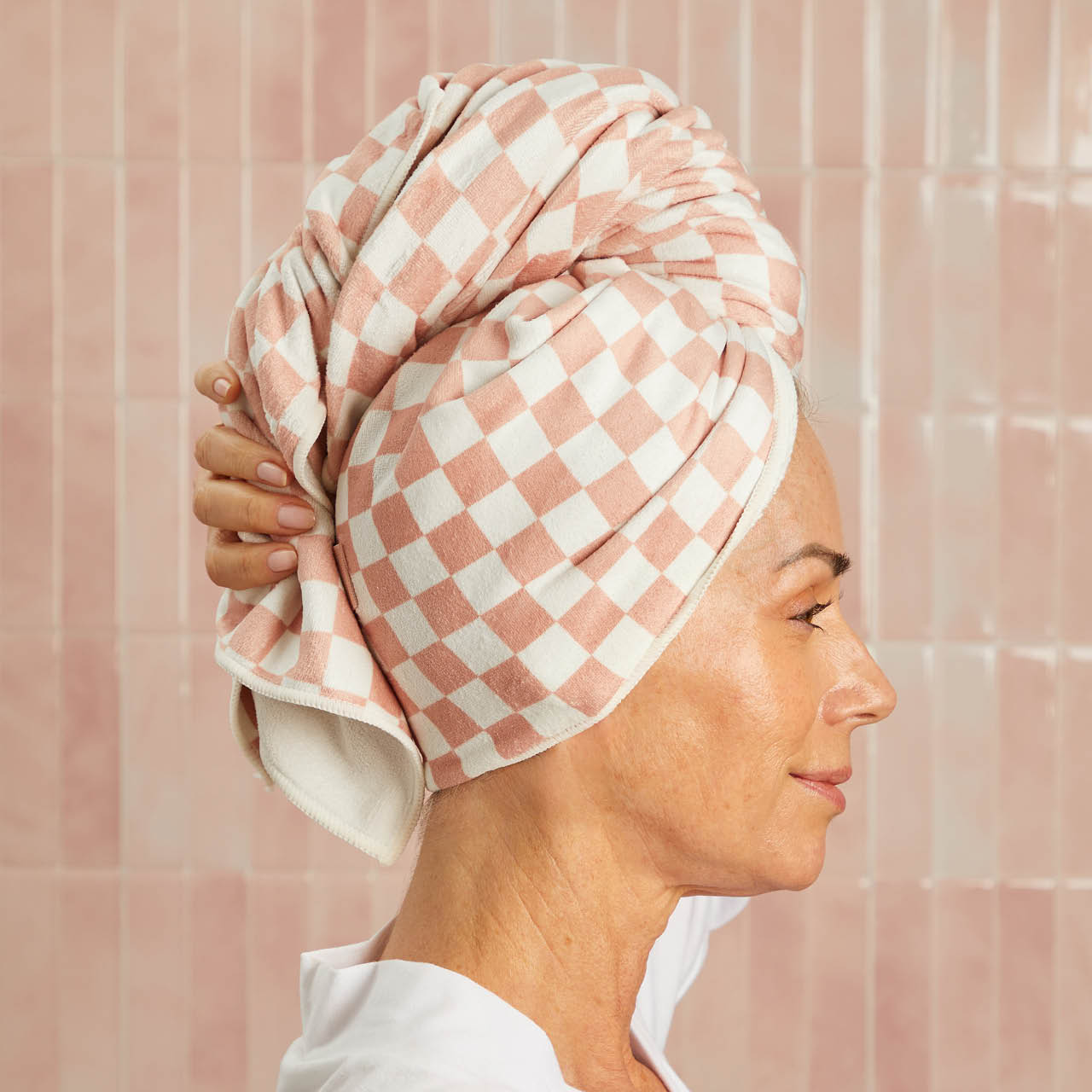 XL Quick-Dry Hair Towel Wrap - Terracotta Checker