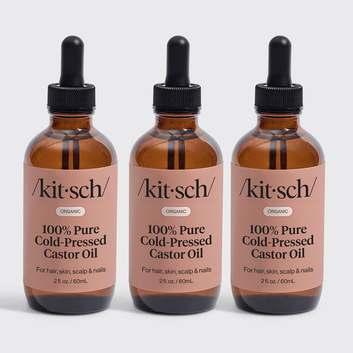 KITSCH 100% Pure Castor Oil 3-Pack — hero product shot — USDA organic, 100% pure castor oil cold-pressed to maintain its rich source of antioxidants — may help promote fuller-looking hair, longer-looking lashes, thicker-looking brows
