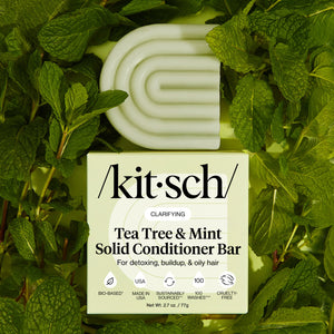 Kitsch Tea Tree & Mint Clarifying Conditioner Bar in use — bottle-free clarifying conditioner that detoxes buildup and refreshes oily scalp