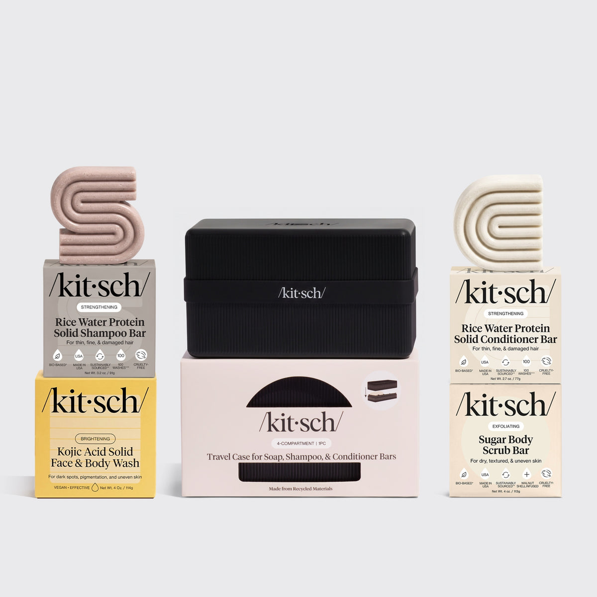 FREE Travel Kit 4-Compartment Case with Rice Water Protein Shampoo Bar, Rice Water Protein Conditioner Bar, Kojic Acid Face & Body Wash Bar, Sugar Body Scrub Bar, and Black 4-Compartment Travel Case