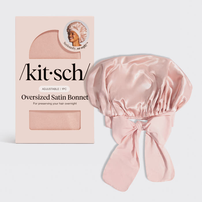 KITSCH Blush Oversized Satin Bonnet — hero product shot — adjustable, double-layered satin — helps reduce friction, breakage & frizz overnight