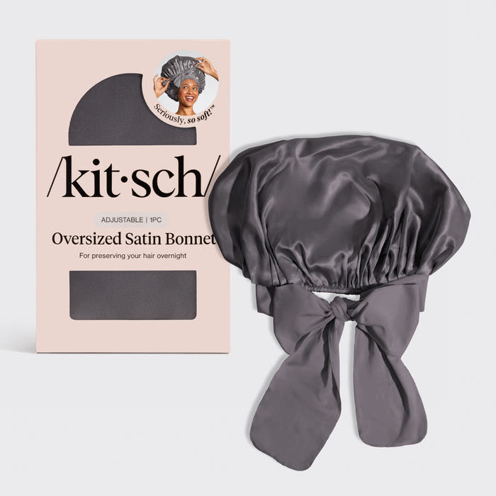 KITSCH Charcoal Oversized Satin Bonnet — hero product shot — adjustable, double-layered satin — helps reduce friction, breakage & frizz overnight