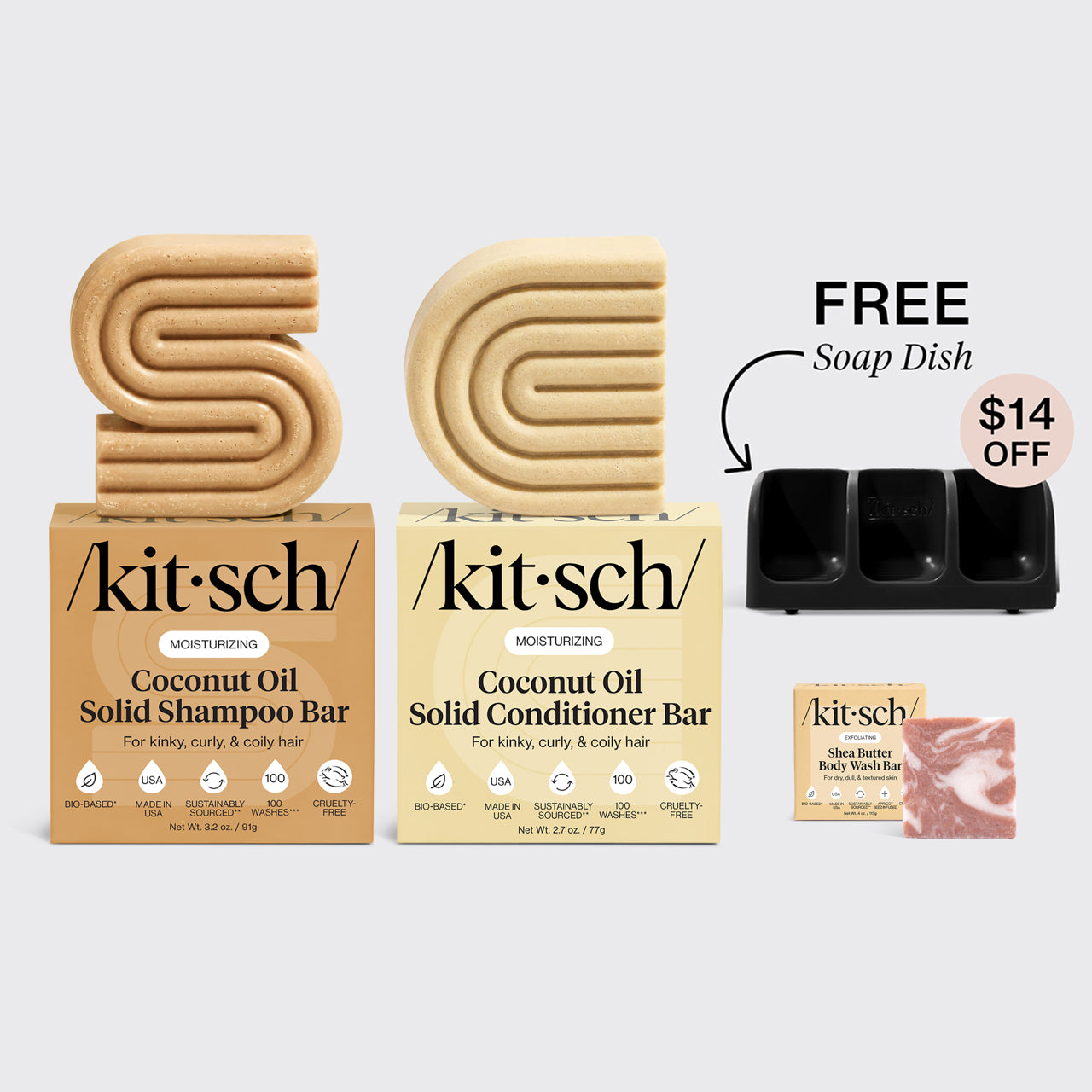 KITSCH Moisturizing Coconut Oil Black Soap Dish Bundle — hero bundle flat lay — Coconut Oil Shampoo & Conditioner Bars + Shea Butter Body Wash + FREE Black Self-Draining Soap Dish — boost volume & strengthen hair