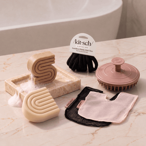 Coconut Oil: Kitsch Free Welcome Kit with Coconut Oil shampoo and conditioner bars, Terracotta Scalp Exfoliator, Blush Shampoo Bar Bag, Black Conditioner Bar Bag, and Black Seamless Hair Elastics.