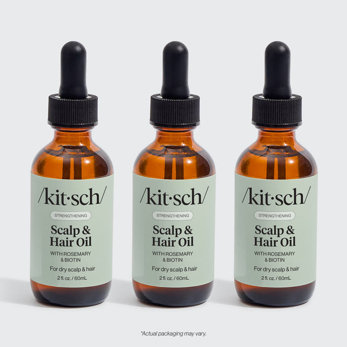 KITSCH Strengthening Rosemary & Biotin Scalp & Hair Oil 3-Pack — hero product shot — three 2fl oz./60mL bottles — 100% plant-based oil with rosemary extract and biotin — stock up and save