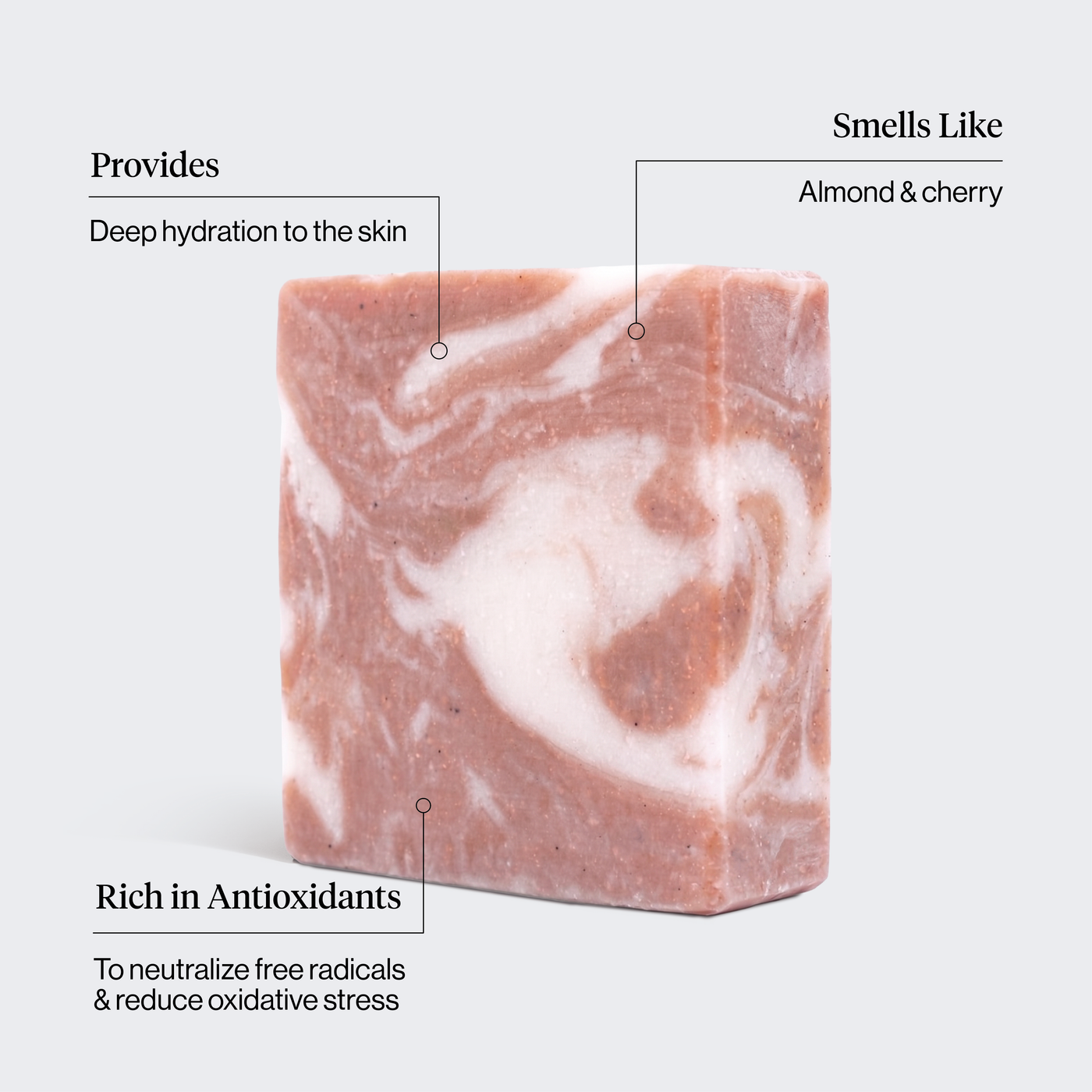Kitsch Exfoliating Shea Butter Body Wash Bar shown as a pink and white marbled soap bar with three callouts: "Provides — Deep hydration to the skin," "Smells Like — Almond & cherry," and "Rich in Antioxidants — To neutralize free radicals & reduce oxidative stress