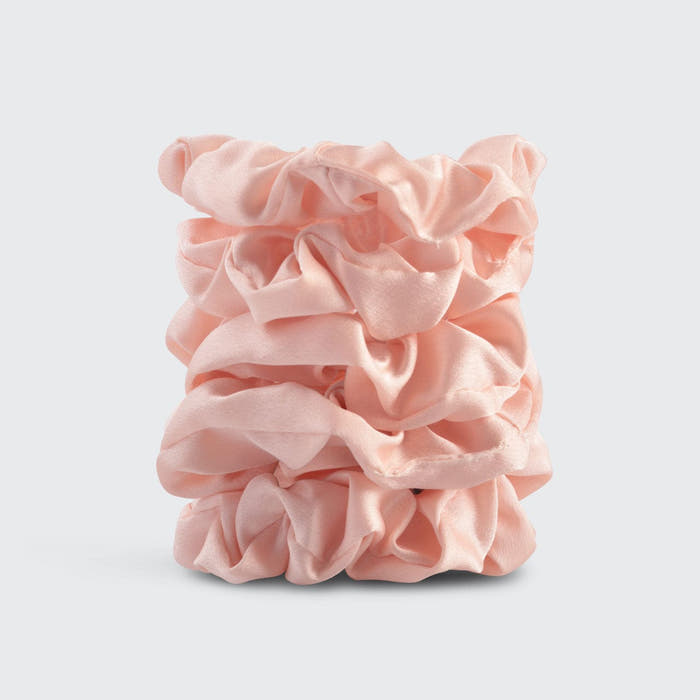 KITSCH Blush Satin Sleep Scrunchies 5pc Set — stack of 5 blush satin scrunchies on a light gray background